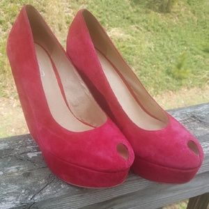 Aldo red suede peep toe wedges